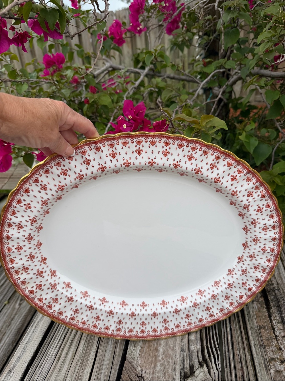 Spode White and Red Gold Fleur de Lys Gold Scallop  Porcelain Serving Platter